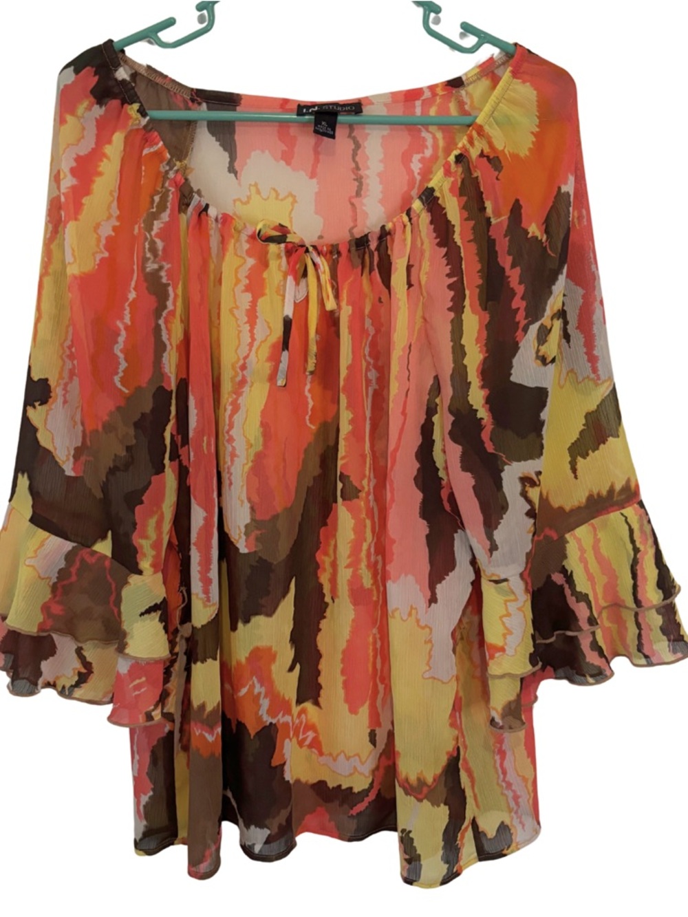 3/$20 I.N. Studio Sheer Multi-Color Peasant Tunic in Coral, Yellow & Brown